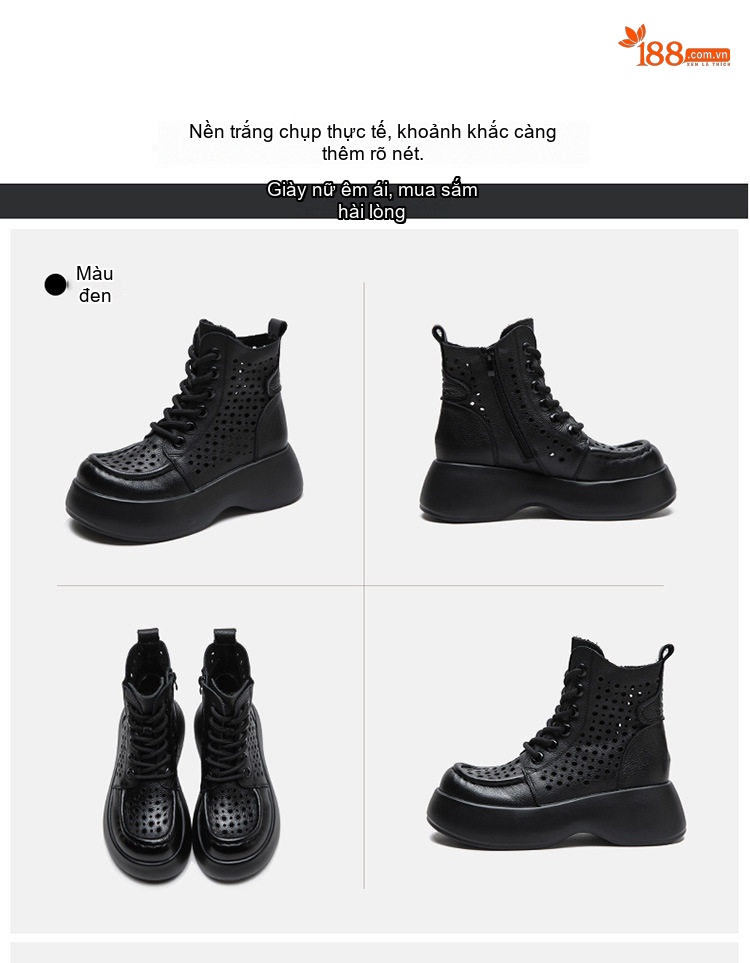 Boot Nữ Cổ Cao Họa Tiết Lỗ Thoáng Khí Chiều Cao Đế Khoảng 5cm Màu Nâu, Đen, Kem chi tiết 16