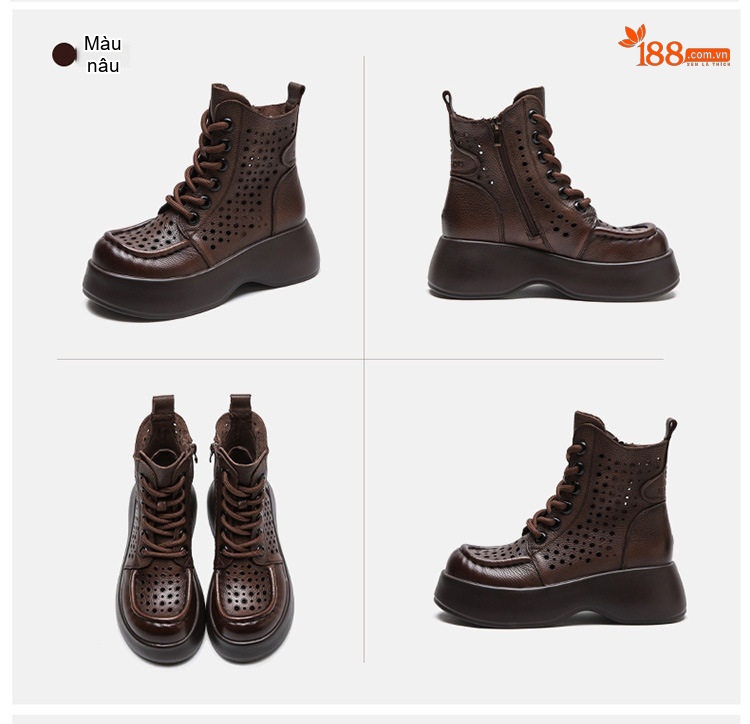 Boot Nữ Cổ Cao Họa Tiết Lỗ Thoáng Khí Chiều Cao Đế Khoảng 5cm Màu Nâu, Đen, Kem chi tiết 17