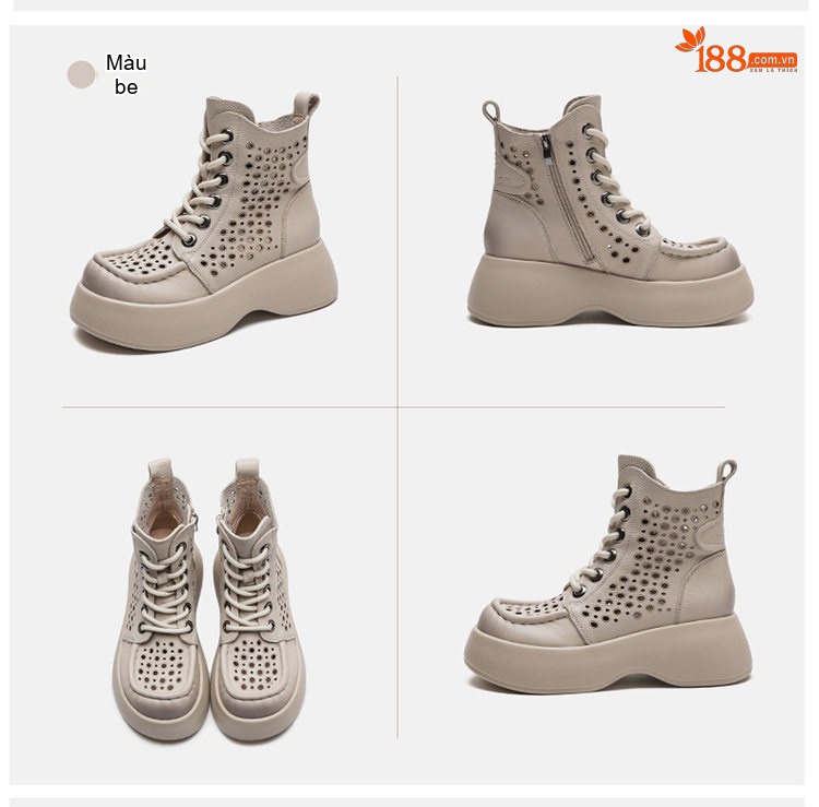 Boot Nữ Cổ Cao Họa Tiết Lỗ Thoáng Khí Chiều Cao Đế Khoảng 5cm Màu Nâu, Đen, Kem chi tiết 18