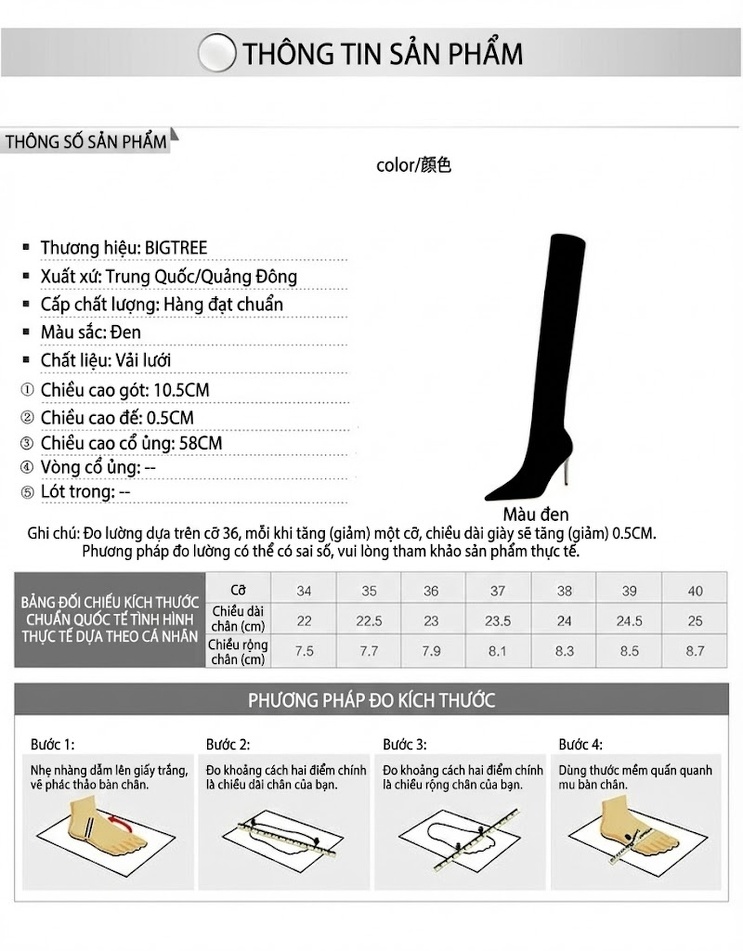 Boot Nữ Cổ Cao Ôm Chân Gót Nhọn Chiều Cao Đế Khoảng 8cm Màu Đen chi tiết 1