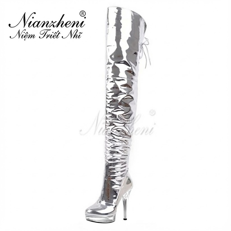 Boot Nữ Cổ Cao Qua Gối Da Bóng Đế Xuồng 13cm Phong Cách Gợi Cảm Màu Vàng Gold, Bạc