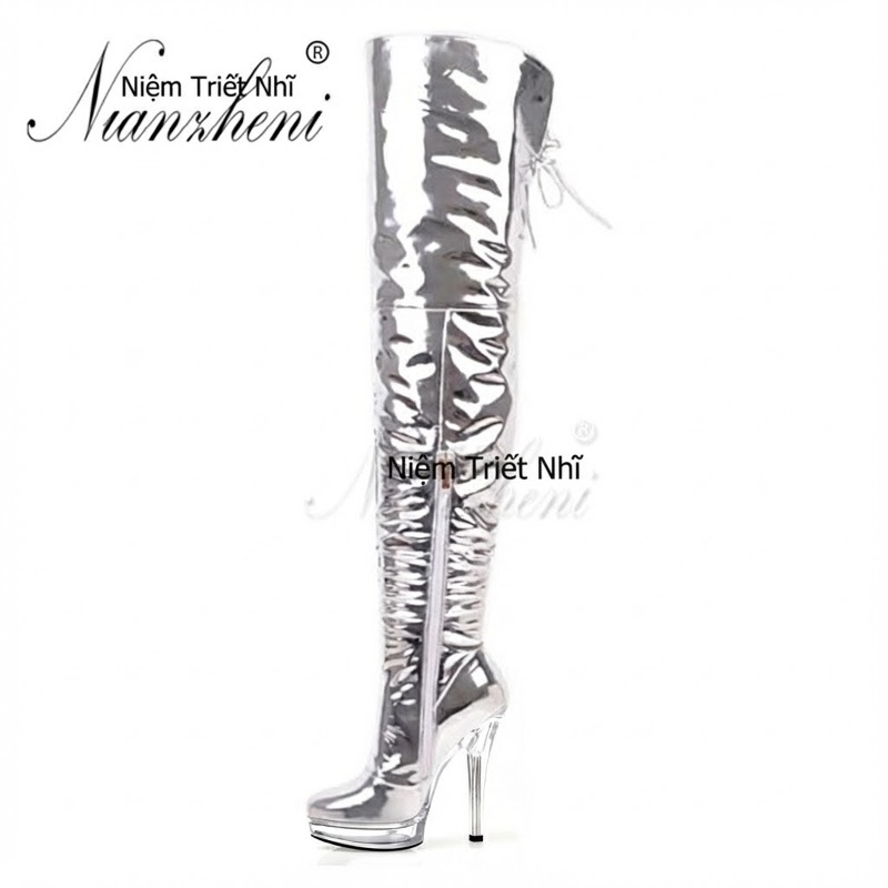 Boot Nữ Cổ Cao Qua Gối Da Bóng Đế Xuồng 13cm Phong Cách Gợi Cảm Màu Vàng Gold, Bạc