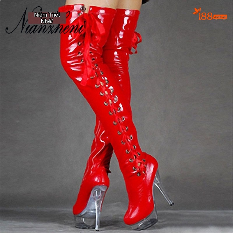 Boot Nữ Cổ Cao Quá Gối Da Bóng Gót Nhọn Chiều Cao Đế Khoảng 15cm Màu Đỏ, Đen, Hồng