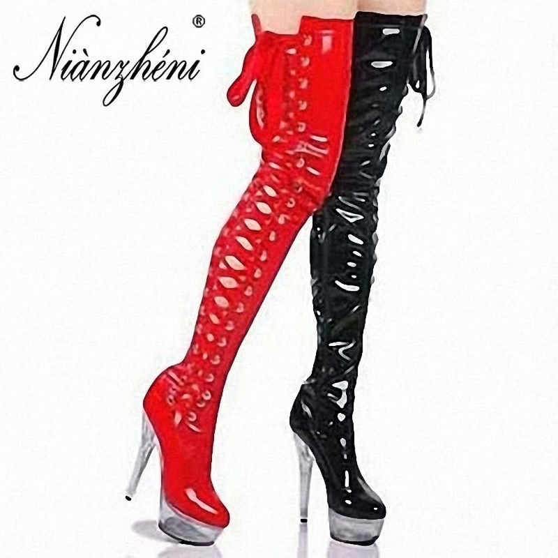 Boot Nữ Cổ Cao Quá Gối Da Bóng Gót Nhọn Chiều Cao Đế Khoảng 15cm Màu Đỏ, Đen, Hồng
