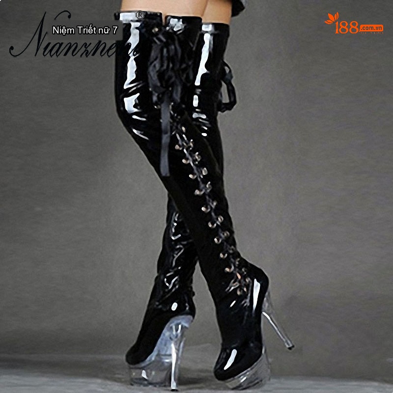 Boot Nữ Cổ Cao Quá Gối Da Bóng Gót Nhọn Chiều Cao Đế Khoảng 15cm Màu Đỏ, Đen, Hồng
