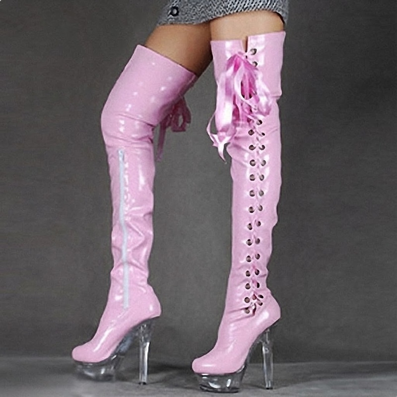 Boot Nữ Cổ Cao Quá Gối Da Bóng Gót Nhọn Chiều Cao Đế Khoảng 15cm Màu Đỏ, Đen, Hồng