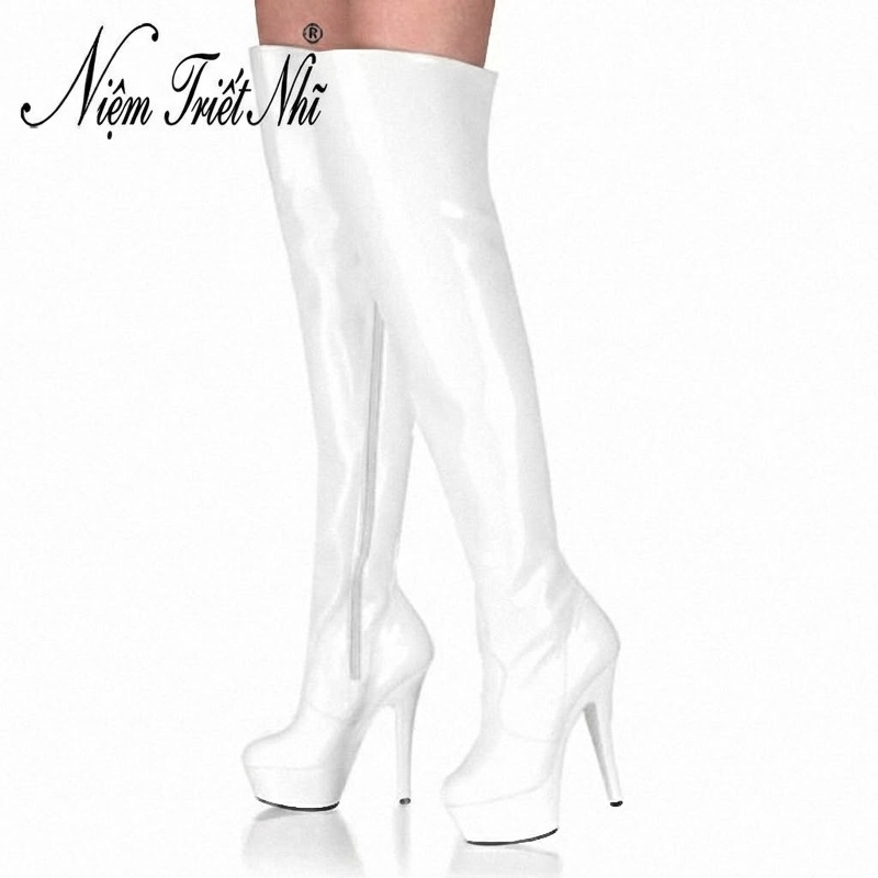 Boot Nữ Cổ Cao Qua Gối Da Bóng Gót Nhọn Đế Xuồng 15cm Màu Đen, Trắng