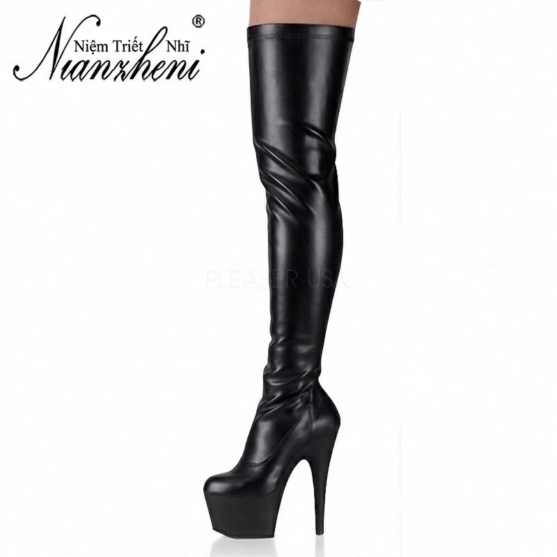 Boot Nữ Cổ Cao Qua Gối Da Bóng Gót Nhọn Đế Xuồng 15cm Màu Đen, Trắng