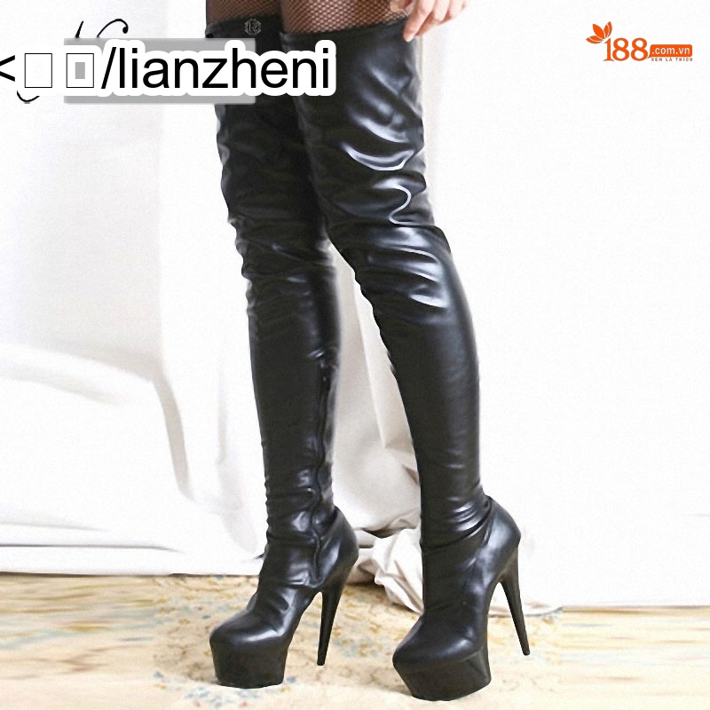 Boot Nữ Cổ Cao Qua Gối Da Bóng Gót Nhọn Đế Xuồng 15cm Màu Đen, Trắng