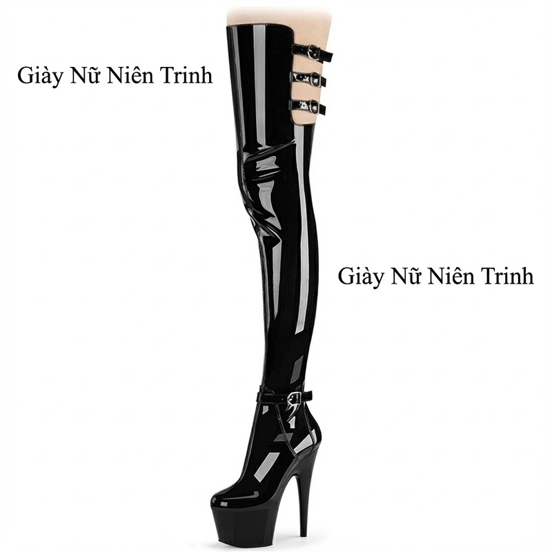 Boot Nữ Cổ Cao Qua Gối Da Bóng Hở Eo Chiều Cao Đế Khoảng 17cm Màu Đen