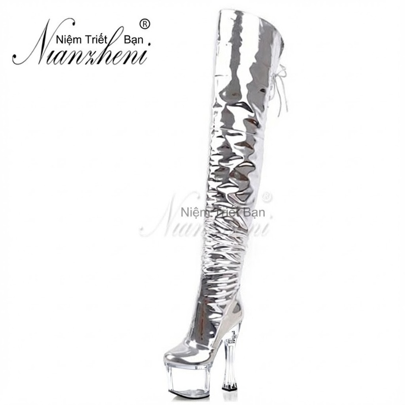 Boot Nữ Cổ Cao Qua Gối Đế Xuồng 18cm Da Bóng Có Dây Buộc Màu Vàng, Bạc