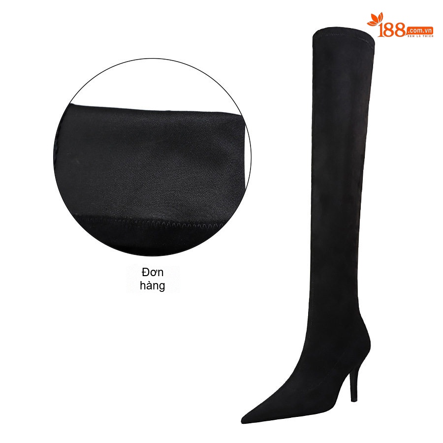 Boot Nữ Cổ Cao Qua Gối Gót Ly Chiều Cao Đế Khoảng 7cm Mũi Nhọn Nỉ Màu Đen