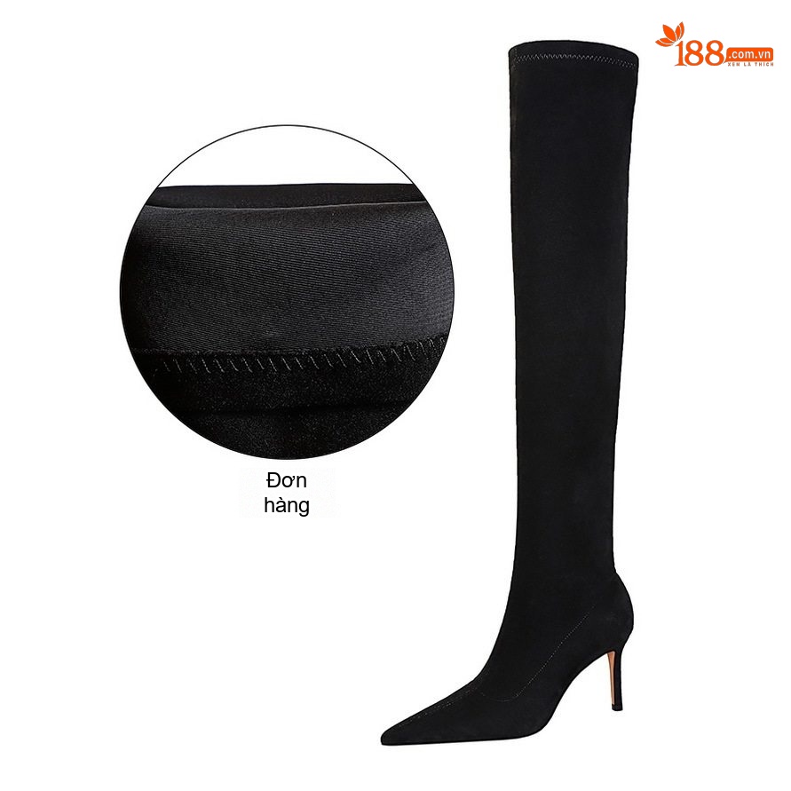 Boot Nữ Cổ Cao Qua Gối Gót Nhọn Nỉ Chiều Cao Đế Khoảng 7cm Màu Đen