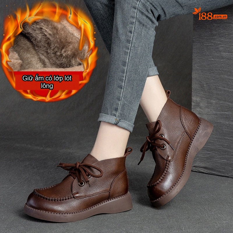 Boot Nữ Cổ Cao Vải Mờ Mũi Tròn Đế Bằng Chiều Cao Đế Khoảng 3cm Màu Nâu, Đen