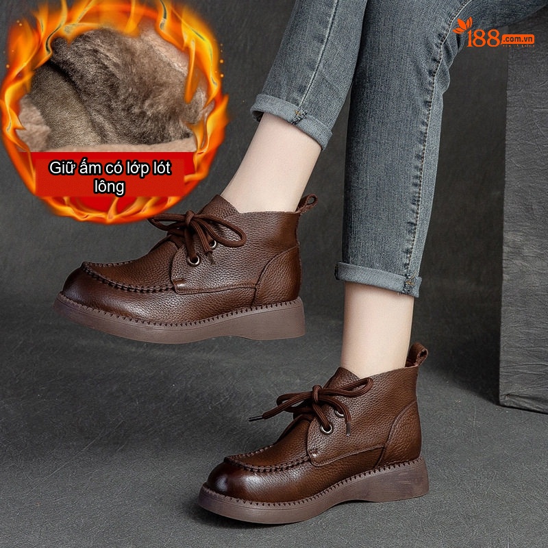 Boot Nữ Cổ Cao Vải Mờ Mũi Tròn Đế Bằng Chiều Cao Đế Khoảng 3cm Màu Nâu, Đen