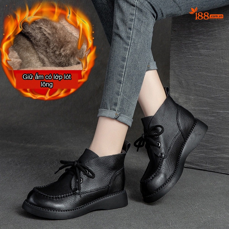 Boot Nữ Cổ Cao Vải Mờ Mũi Tròn Đế Bằng Chiều Cao Đế Khoảng 3cm Màu Nâu, Đen