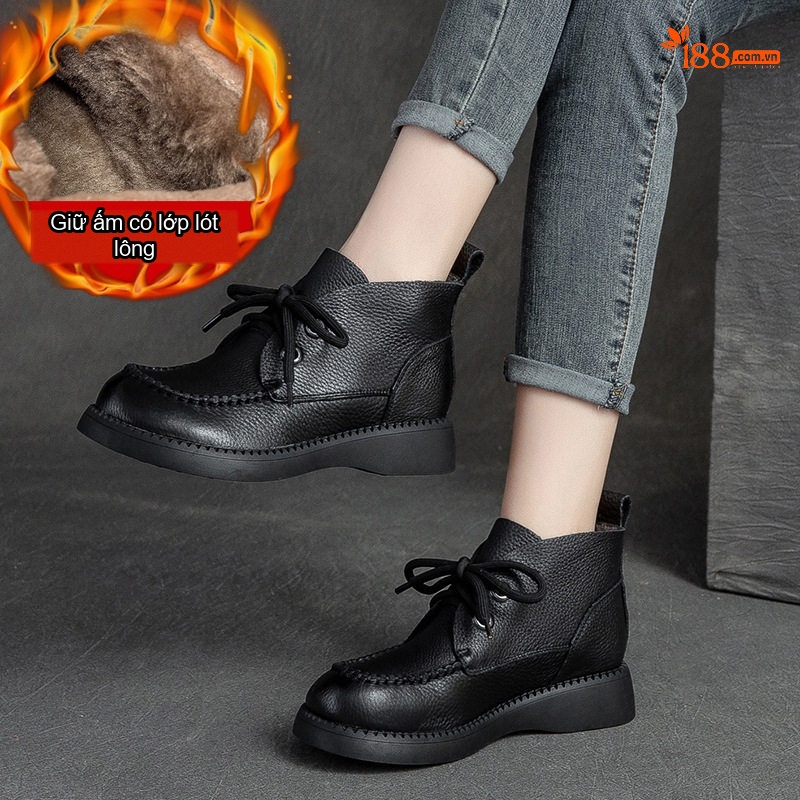 Boot Nữ Cổ Cao Vải Mờ Mũi Tròn Đế Bằng Chiều Cao Đế Khoảng 3cm Màu Nâu, Đen