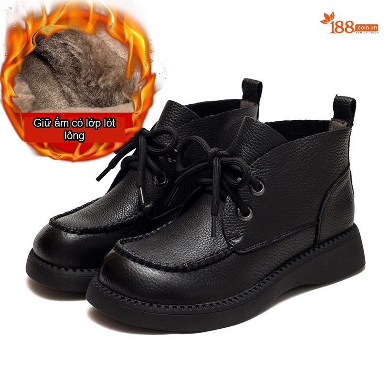 Boot Nữ Cổ Cao Vải Mờ Mũi Tròn Đế Bằng Chiều Cao Đế Khoảng 3cm Màu Nâu, Đen