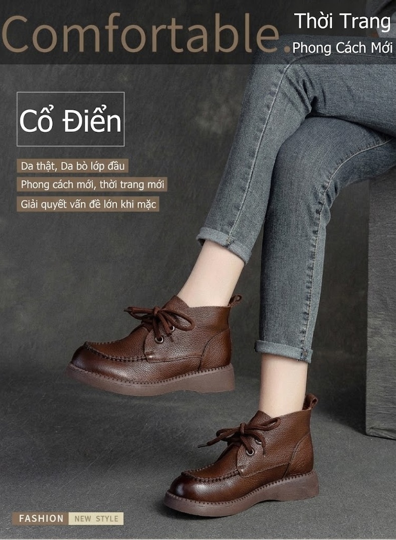 Boot Nữ Cổ Cao Vải Mờ Mũi Tròn Đế Bằng Chiều Cao Đế Khoảng 3cm Màu Nâu, Đen chi tiết 2