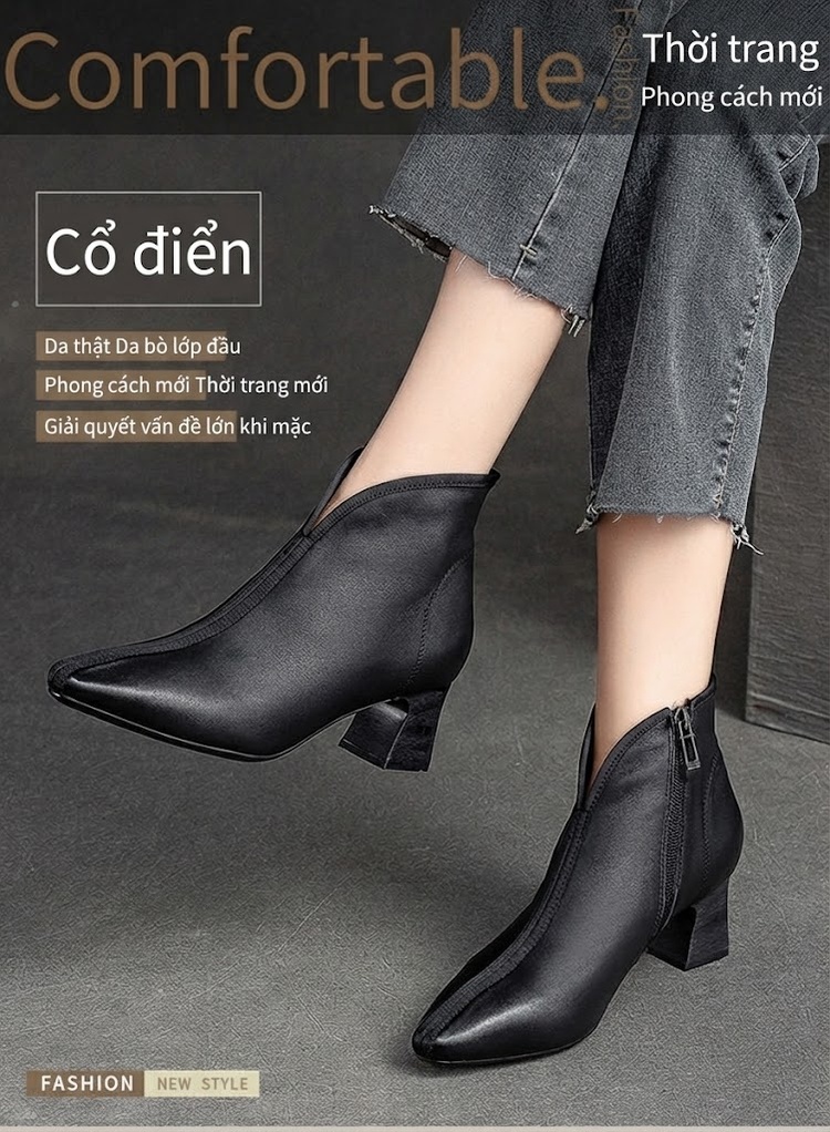 Boot Nữ Cổ chữ V Tim Da Bò Mũi Nhọn Gót Vuông Chiều Cao Đế Khoảng 5cm Màu Đen, Nâu chi tiết 1
