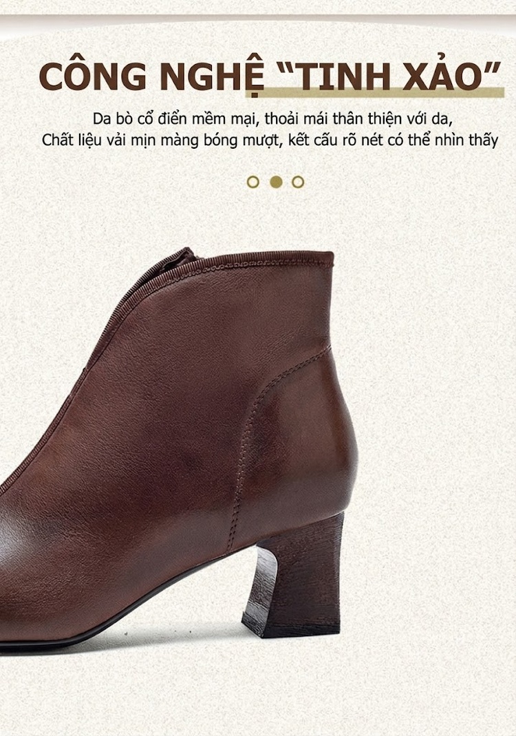 Boot Nữ Cổ chữ V Tim Da Bò Mũi Nhọn Gót Vuông Chiều Cao Đế Khoảng 5cm Màu Đen, Nâu chi tiết 2