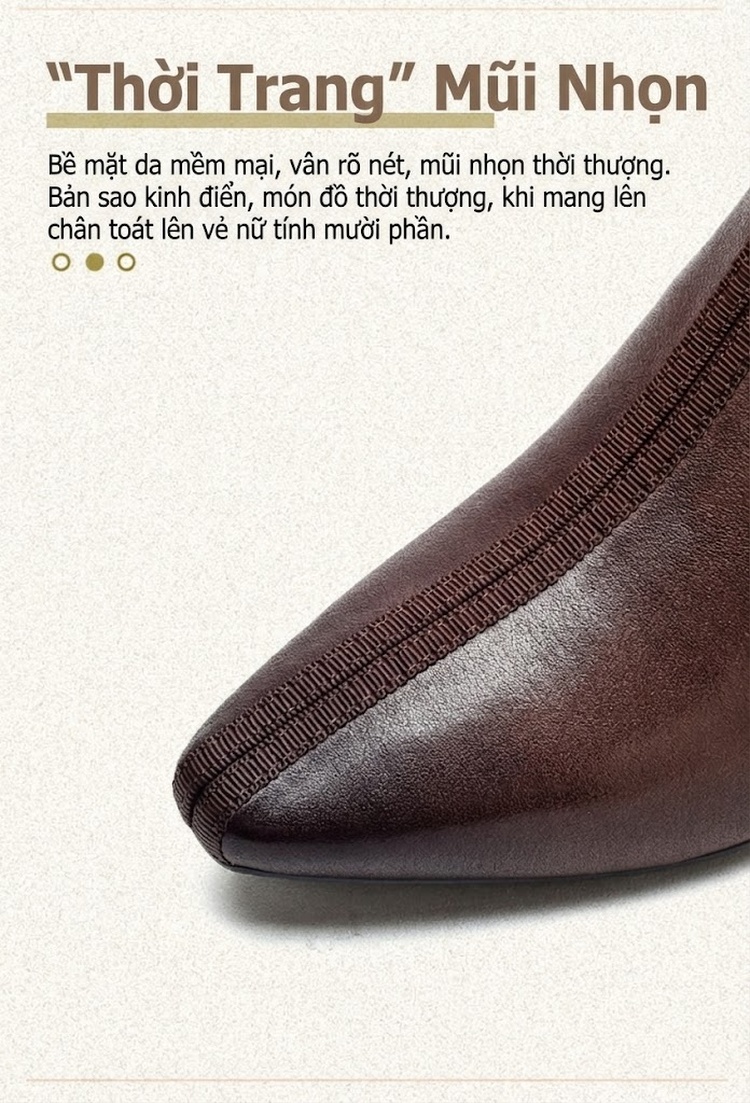 Boot Nữ Cổ chữ V Tim Da Bò Mũi Nhọn Gót Vuông Chiều Cao Đế Khoảng 5cm Màu Đen, Nâu chi tiết 3