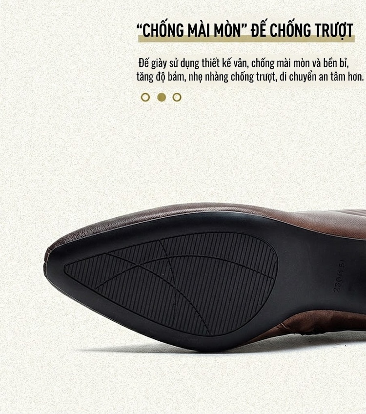 Boot Nữ Cổ chữ V Tim Da Bò Mũi Nhọn Gót Vuông Chiều Cao Đế Khoảng 5cm Màu Đen, Nâu chi tiết 4
