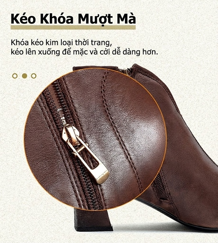 Boot Nữ Cổ chữ V Tim Da Bò Mũi Nhọn Gót Vuông Chiều Cao Đế Khoảng 5cm Màu Đen, Nâu chi tiết 6
