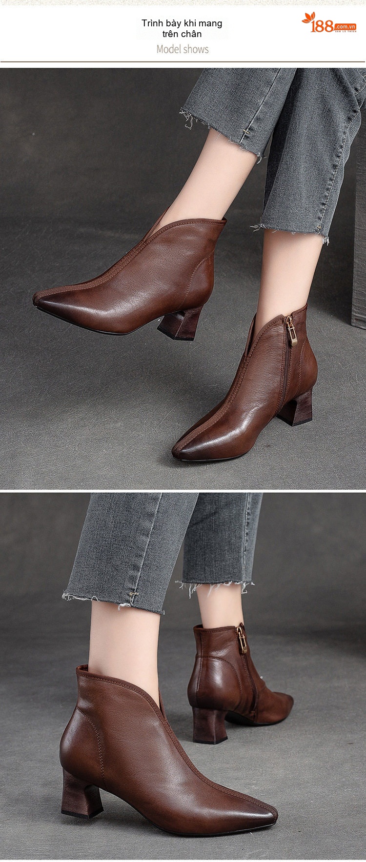 Boot Nữ Cổ chữ V Tim Da Bò Mũi Nhọn Gót Vuông Chiều Cao Đế Khoảng 5cm Màu Đen, Nâu chi tiết 7