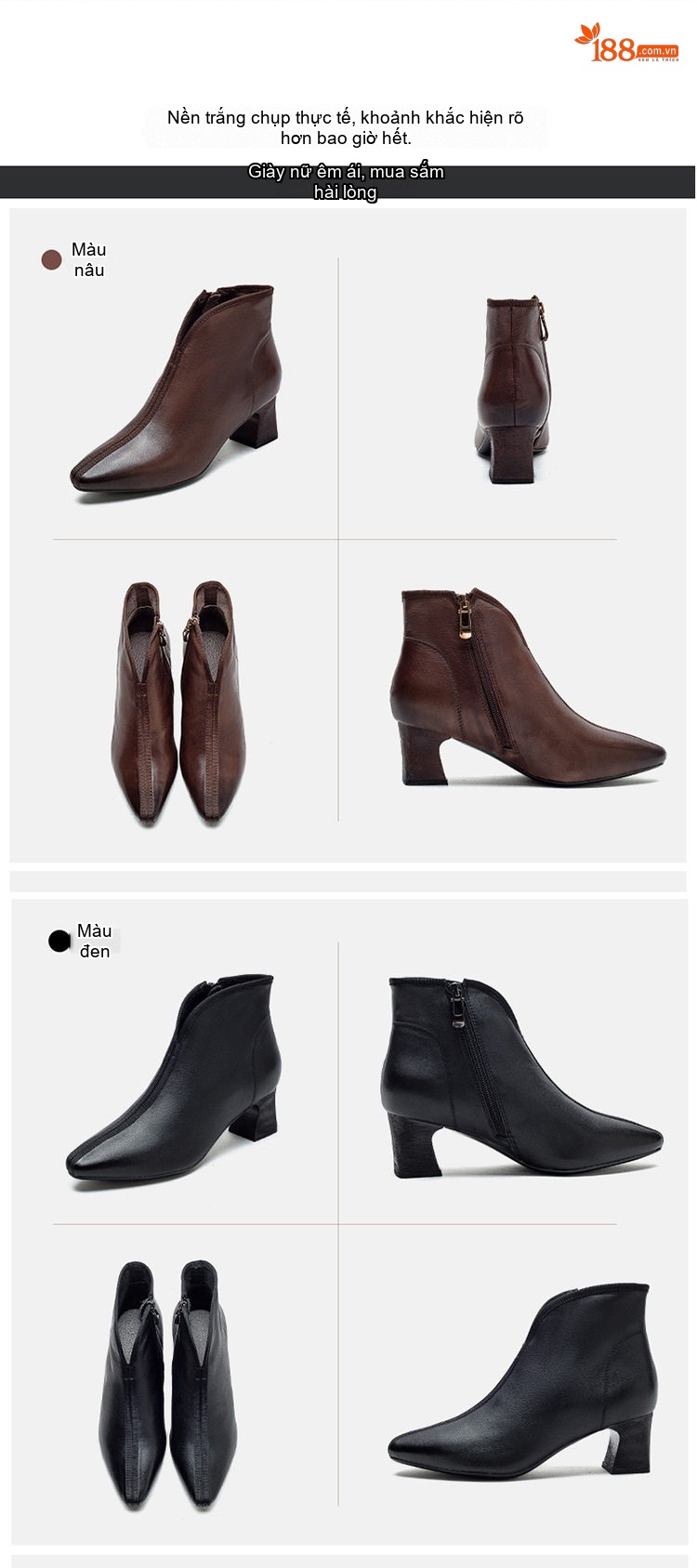 Boot Nữ Cổ chữ V Tim Da Bò Mũi Nhọn Gót Vuông Chiều Cao Đế Khoảng 5cm Màu Đen, Nâu chi tiết 14