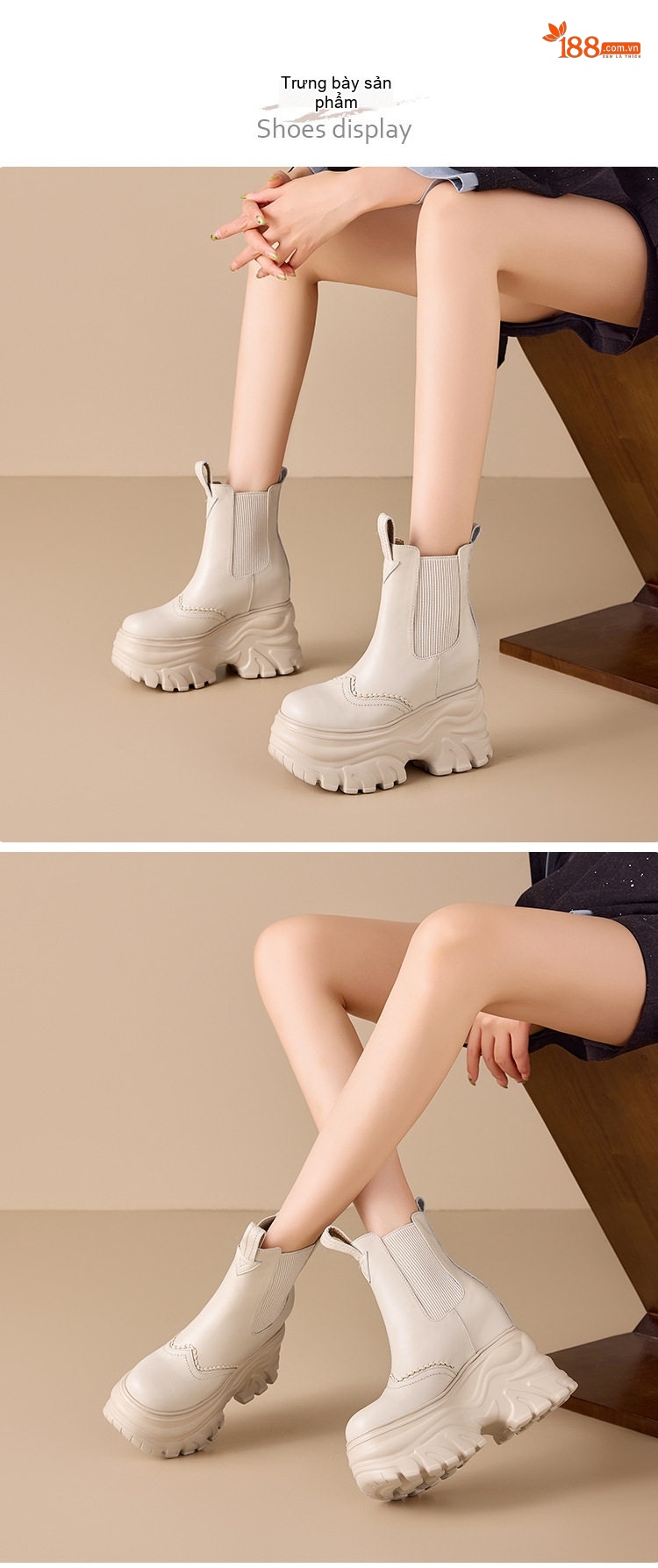 Boot Nữ Cổ Chun Đế Bánh Mì Da Bóng Chiều Cao Đế Khoảng 12cm Màu Trắng Kem, Đen chi tiết 2