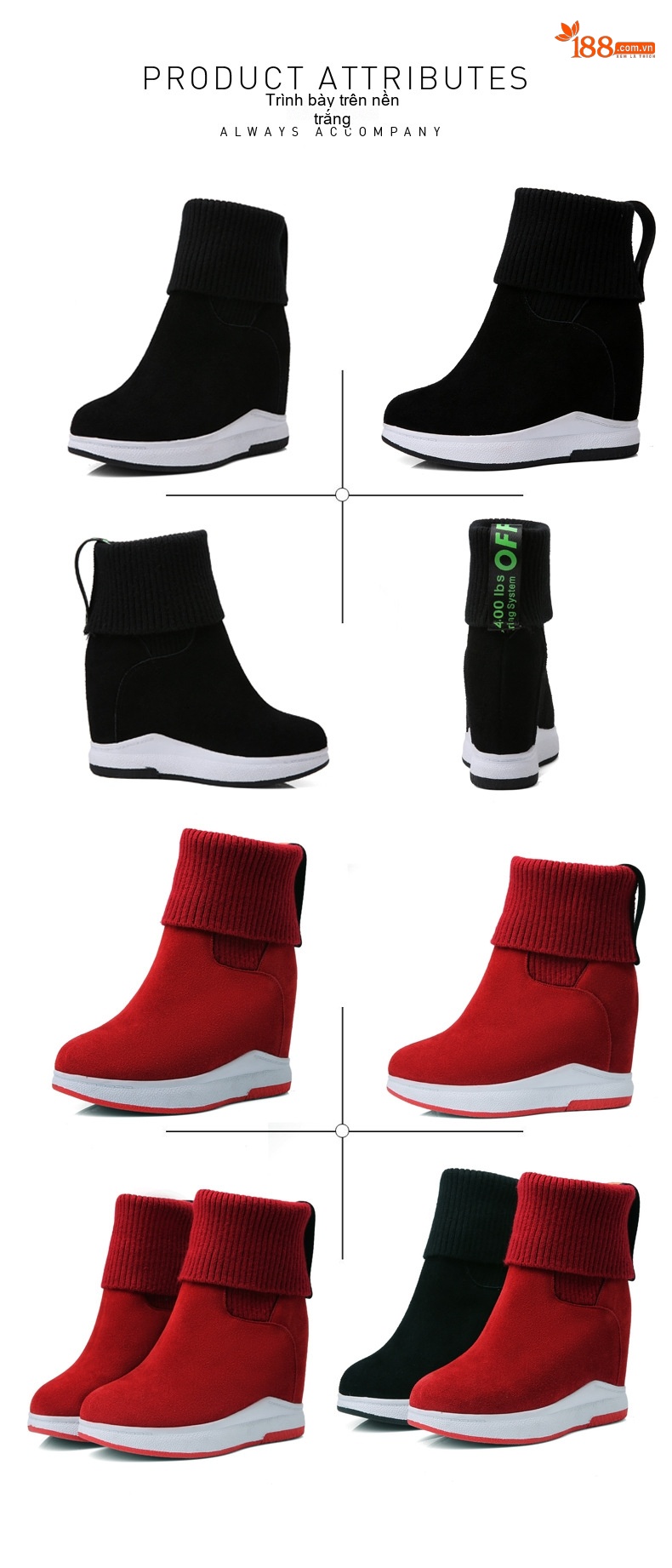 Boot Nữ Cổ Lông Dệt Kim Da Mờ Tăng Chiều Cao Đế Khoảng 10cm Màu Đen, Đỏ chi tiết 6