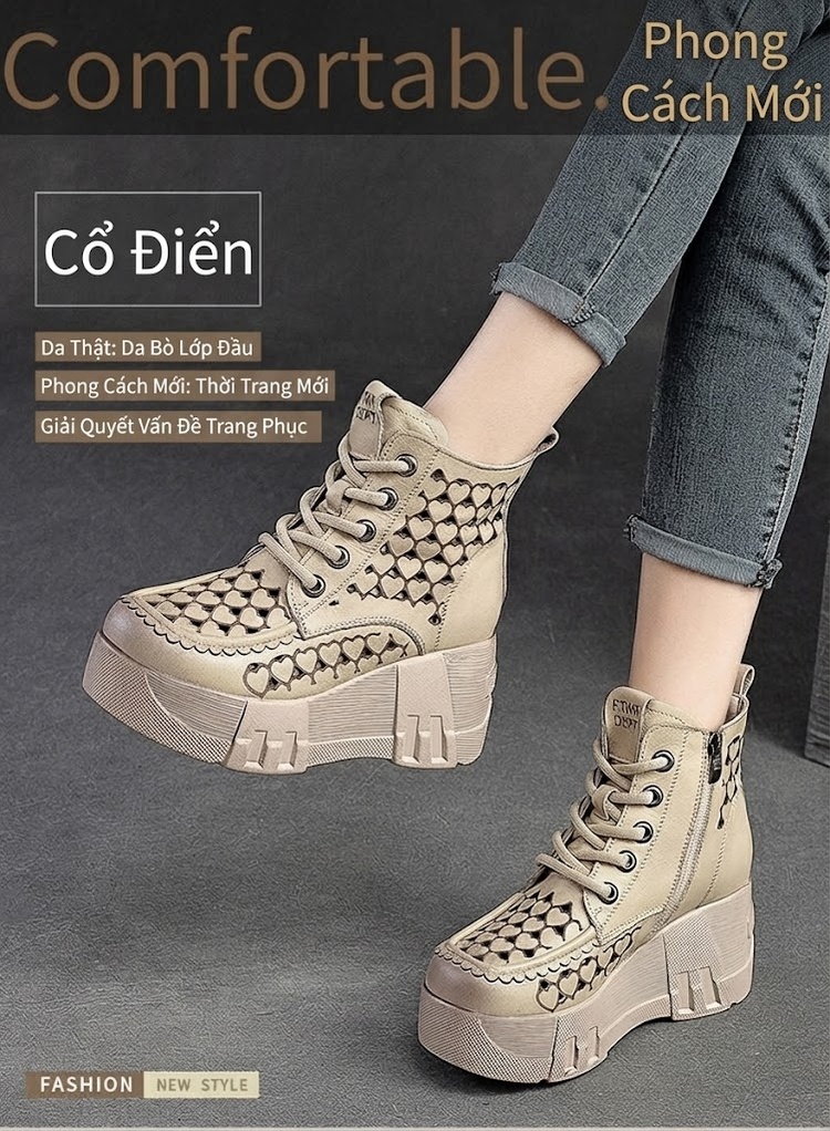 Boot Nữ Cổ Lửng Buộc Dây Da Mờ Lỗ Thoáng Khí Chiều Cao Đế Khoảng 6cm Màu Nâu, Đen, Kem chi tiết 2