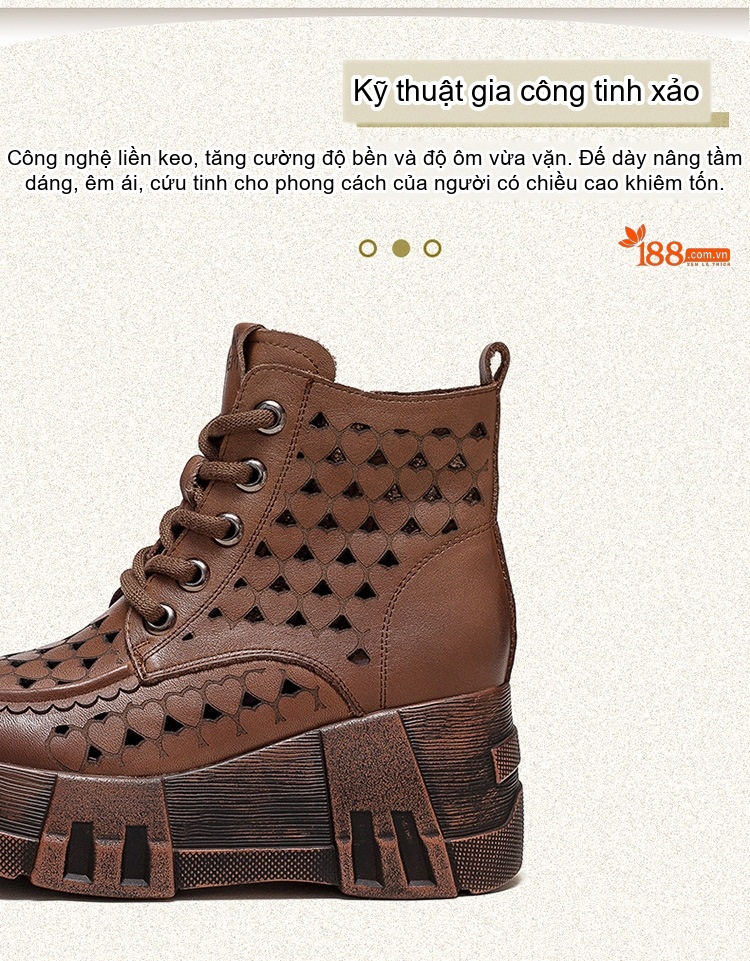 Boot Nữ Cổ Lửng Buộc Dây Da Mờ Lỗ Thoáng Khí Chiều Cao Đế Khoảng 6cm Màu Nâu, Đen, Kem chi tiết 3