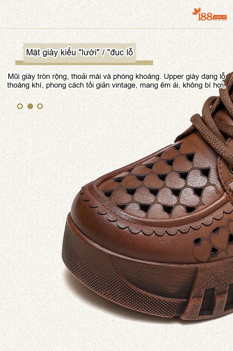 Boot Nữ Cổ Lửng Buộc Dây Da Mờ Lỗ Thoáng Khí Chiều Cao Đế Khoảng 6cm Màu Nâu, Đen, Kem chi tiết 4