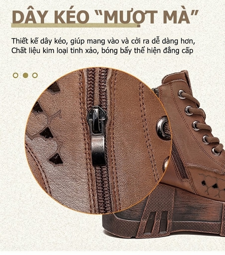 Boot Nữ Cổ Lửng Buộc Dây Da Mờ Lỗ Thoáng Khí Chiều Cao Đế Khoảng 6cm Màu Nâu, Đen, Kem chi tiết 7
