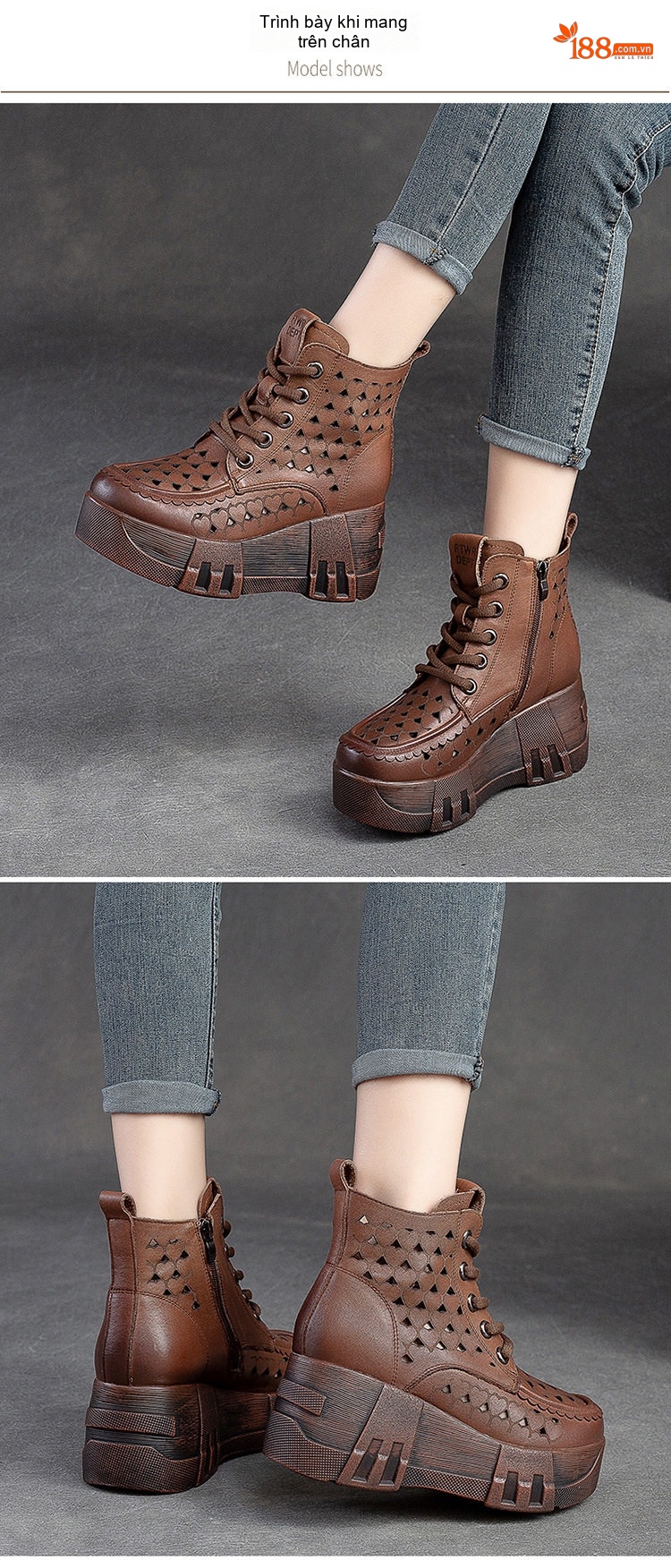Boot Nữ Cổ Lửng Buộc Dây Da Mờ Lỗ Thoáng Khí Chiều Cao Đế Khoảng 6cm Màu Nâu, Đen, Kem chi tiết 8