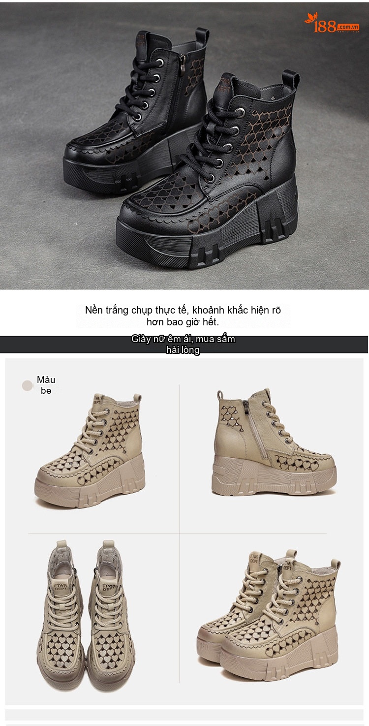 Boot Nữ Cổ Lửng Buộc Dây Da Mờ Lỗ Thoáng Khí Chiều Cao Đế Khoảng 6cm Màu Nâu, Đen, Kem chi tiết 15