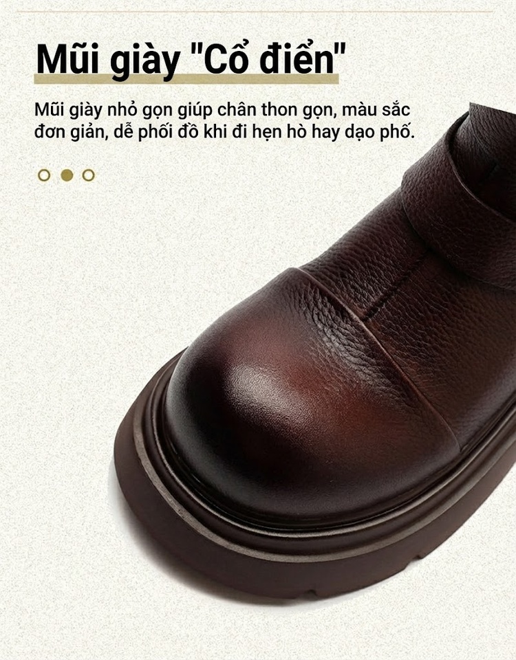 Boot Nữ Cổ Lửng Da Bò Lót Lông Giữ Ấm Phong Cách Anh Chiều Cao Đế Khoảng 5cm Màu Đen, Nâu chi tiết 3