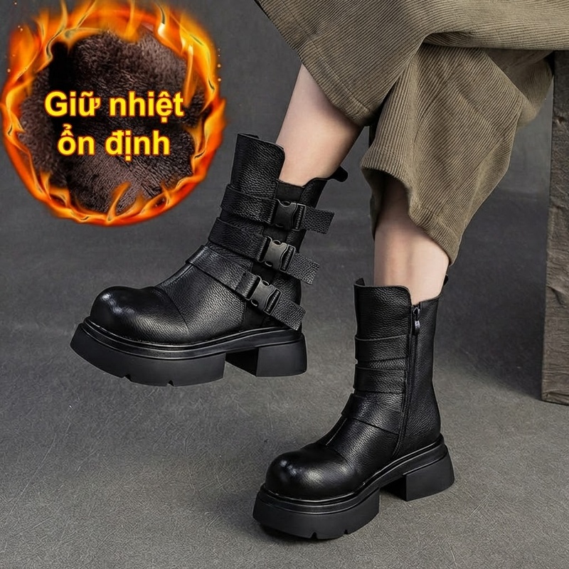 Boot Nữ Cổ Lửng Da Bò Lót Lông Giữ Ấm Phong Cách Anh Chiều Cao Đế Khoảng 5cm Màu Đen, Nâu
