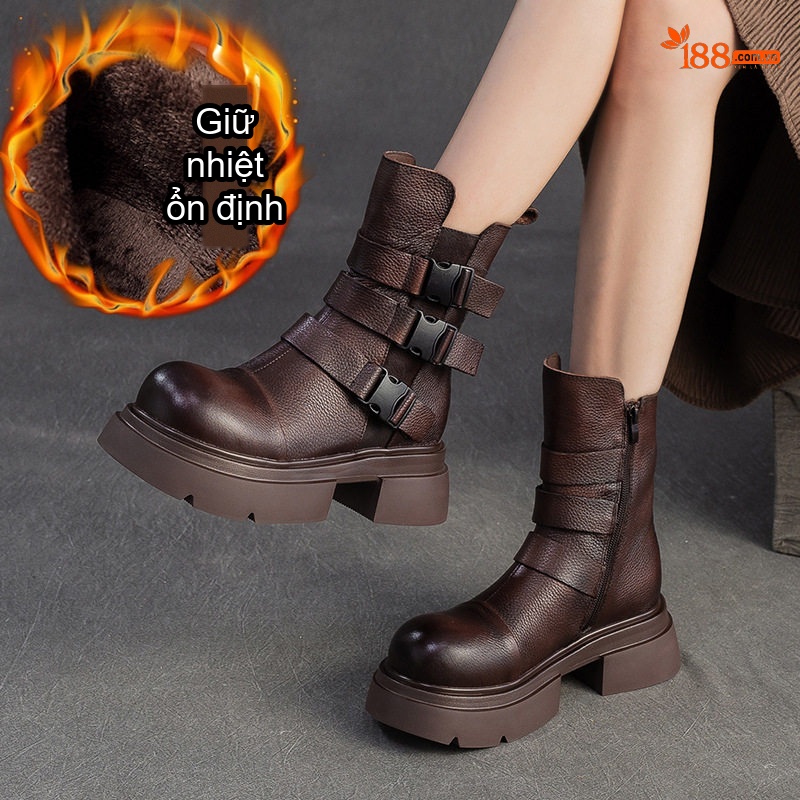 Boot Nữ Cổ Lửng Da Bò Lót Lông Giữ Ấm Phong Cách Anh Chiều Cao Đế Khoảng 5cm Màu Đen, Nâu