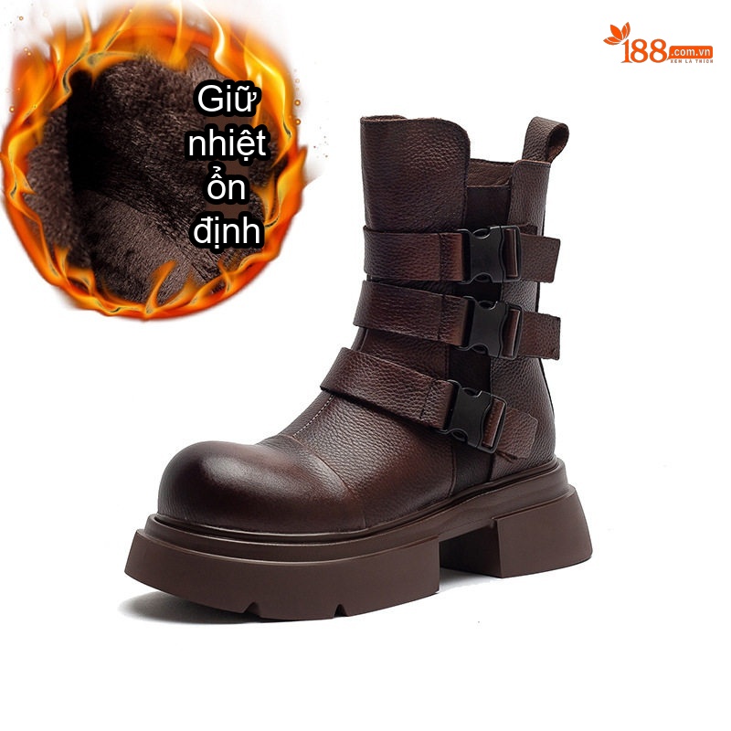 Boot Nữ Cổ Lửng Da Bò Lót Lông Giữ Ấm Phong Cách Anh Chiều Cao Đế Khoảng 5cm Màu Đen, Nâu