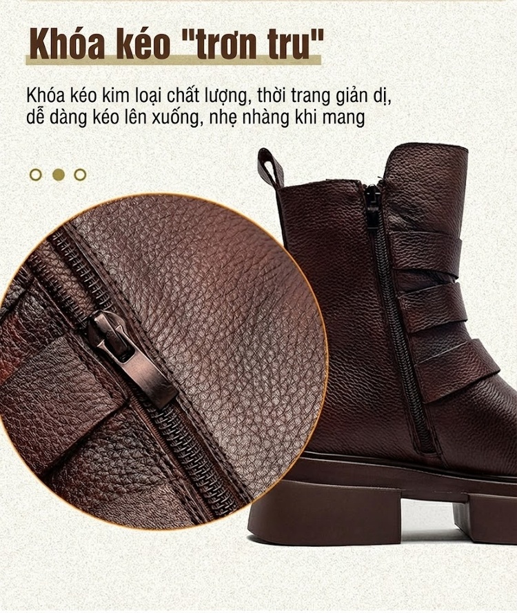Boot Nữ Cổ Lửng Da Bò Lót Lông Giữ Ấm Phong Cách Anh Chiều Cao Đế Khoảng 5cm Màu Đen, Nâu chi tiết 6