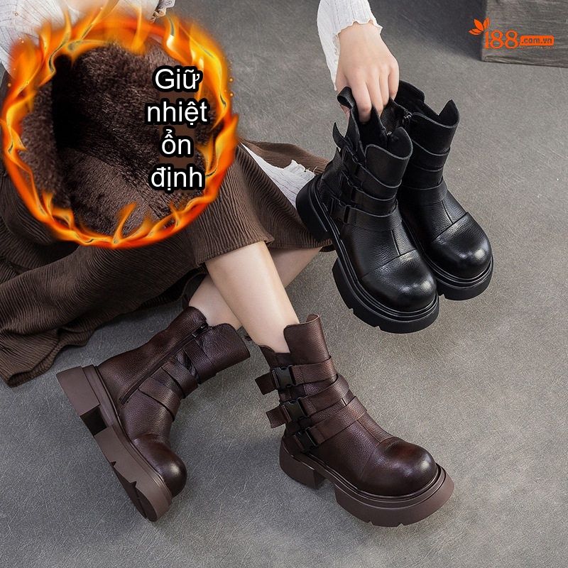 Boot Nữ Cổ Lửng Da Bò Lót Lông Giữ Ấm Phong Cách Anh Chiều Cao Đế Khoảng 5cm Màu Đen, Nâu