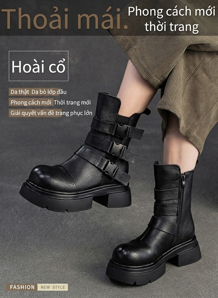 Boot Nữ Cổ Lửng Da Bò Lót Lông Giữ Ấm Phong Cách Anh Chiều Cao Đế Khoảng 5cm Màu Đen, Nâu chi tiết 1