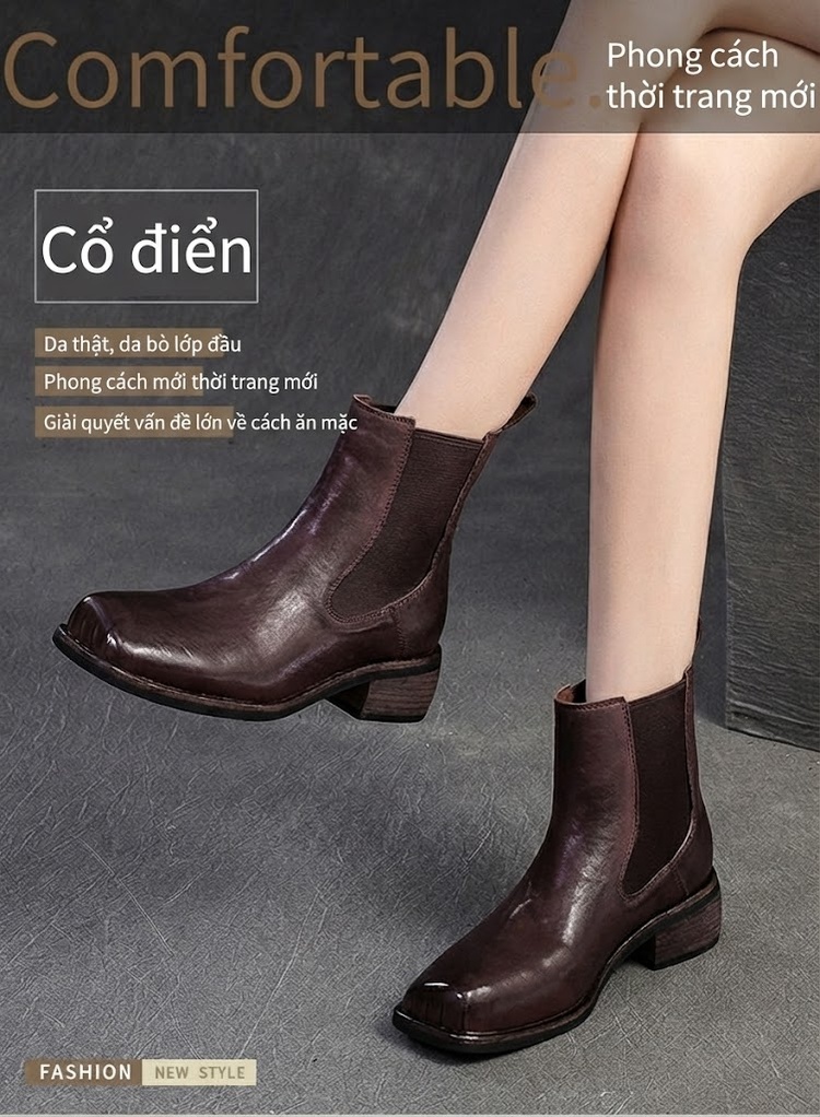 Boot Nữ Cổ Lửng Da Bóng Chiều Cao Đế Khoảng 3cm Màu Đen, Nâu chi tiết 2