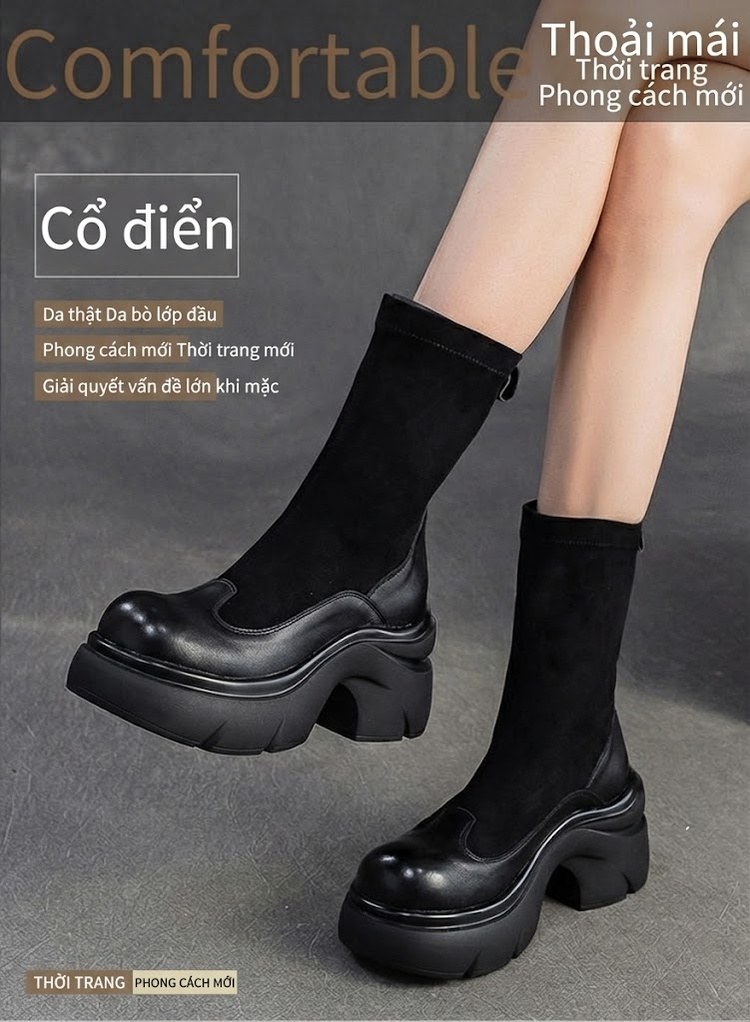 Boot Nữ Cổ Lửng Da Bóng Chiều Cao Đế Khoảng 6cm Phong Cách Retro Màu Đen, Nâu chi tiết 1