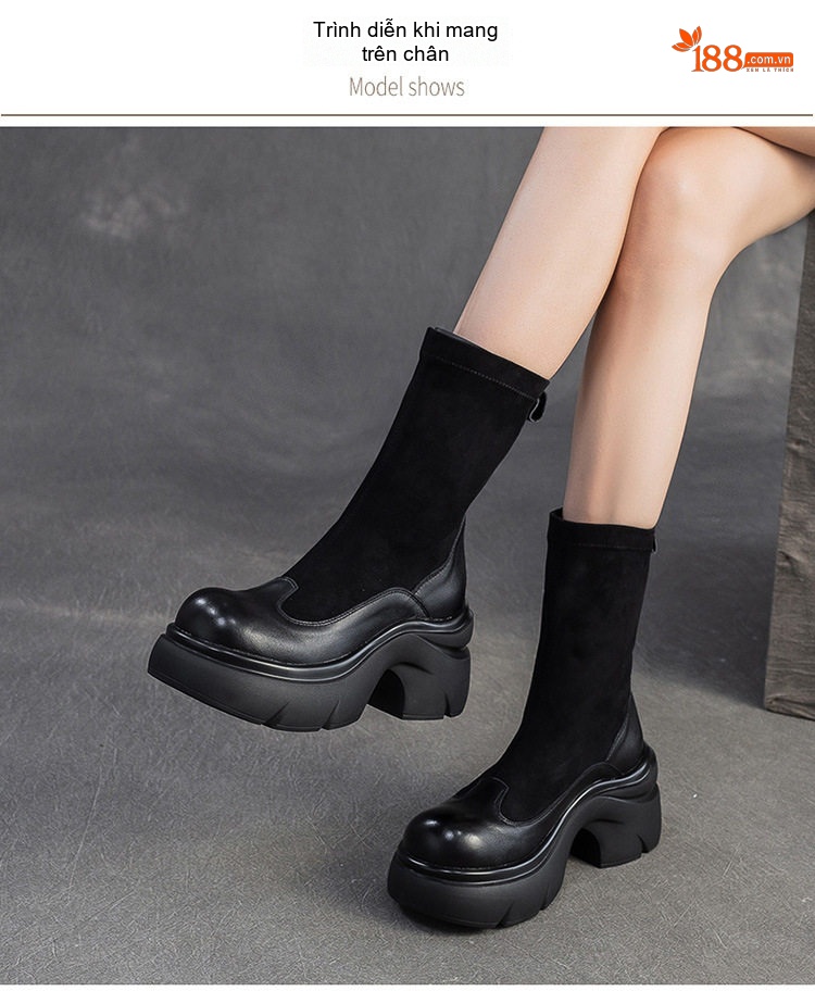 Boot Nữ Cổ Lửng Da Bóng Chiều Cao Đế Khoảng 6cm Phong Cách Retro Màu Đen, Nâu chi tiết 6