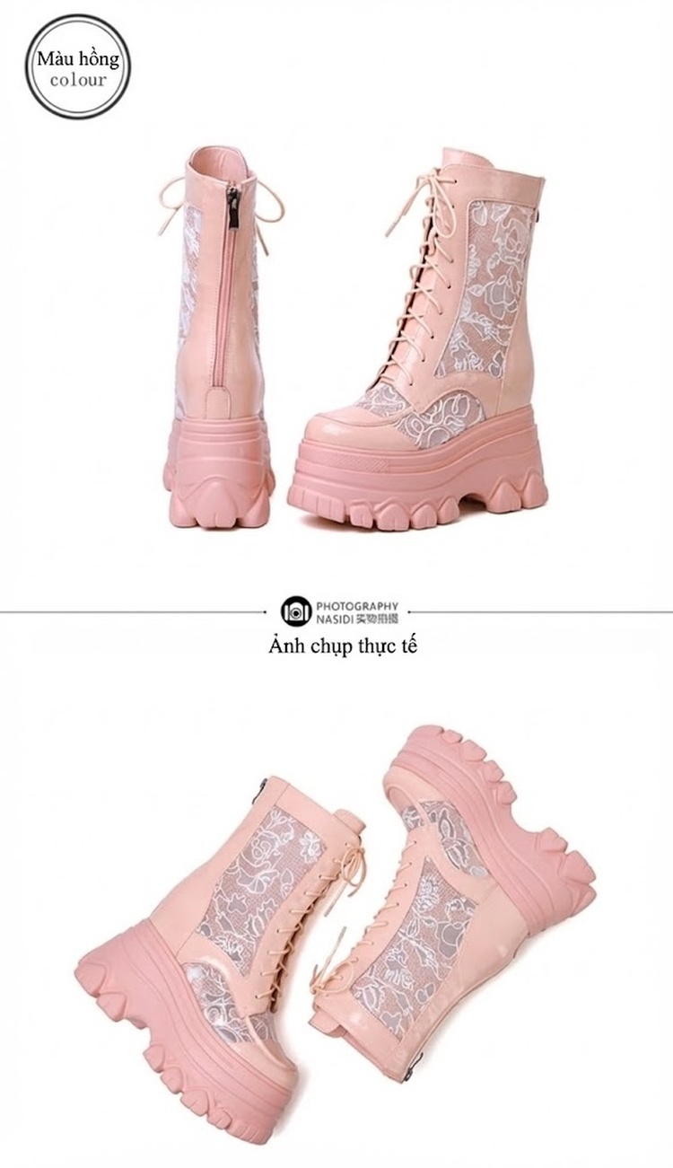 Boot Nữ Cổ Lửng Da Bóng Lưới Thoáng Khí Chiều Cao Đế 12cm chi tiết 15