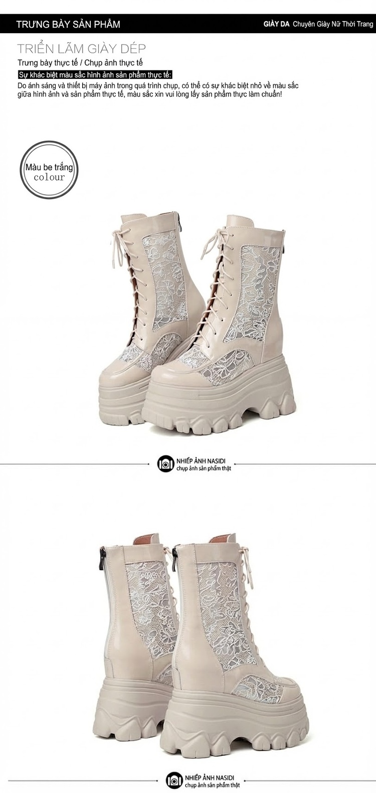 Boot Nữ Cổ Lửng Da Bóng Lưới Thoáng Khí Chiều Cao Đế 12cm chi tiết 13